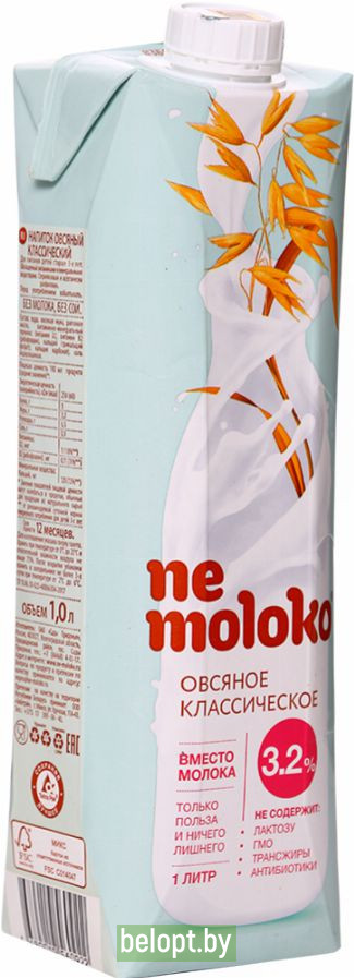 Напиток «Ne moloko» овсяный, классический, 3.2%, 1 л.