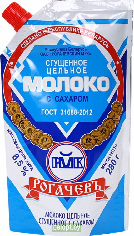 Молоко цельное сгущённое «Рогачёвъ» с сахаром, 8.5%, 280 г.