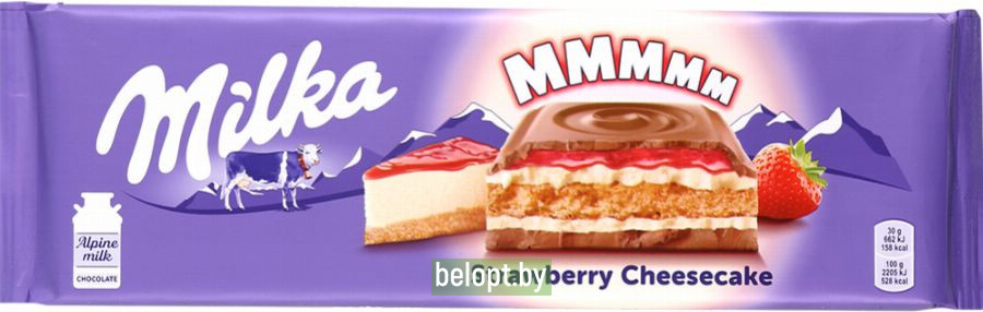 Шоколад молочный «Milka» чизкейк, клубника и печенье, 300 г.